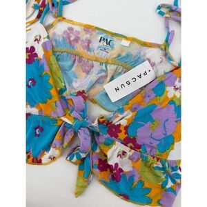PacSun PACcares Floral Tie Front Crop Top Blue Purple Orange Yellow Size Medium
